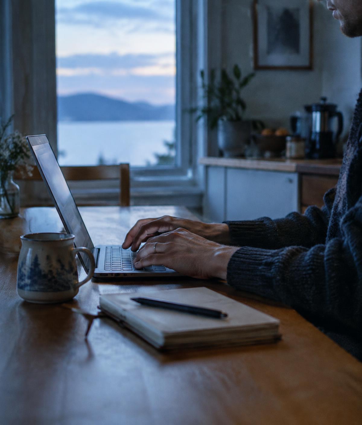 A developer working on a laptop at a kitchen table at dawn